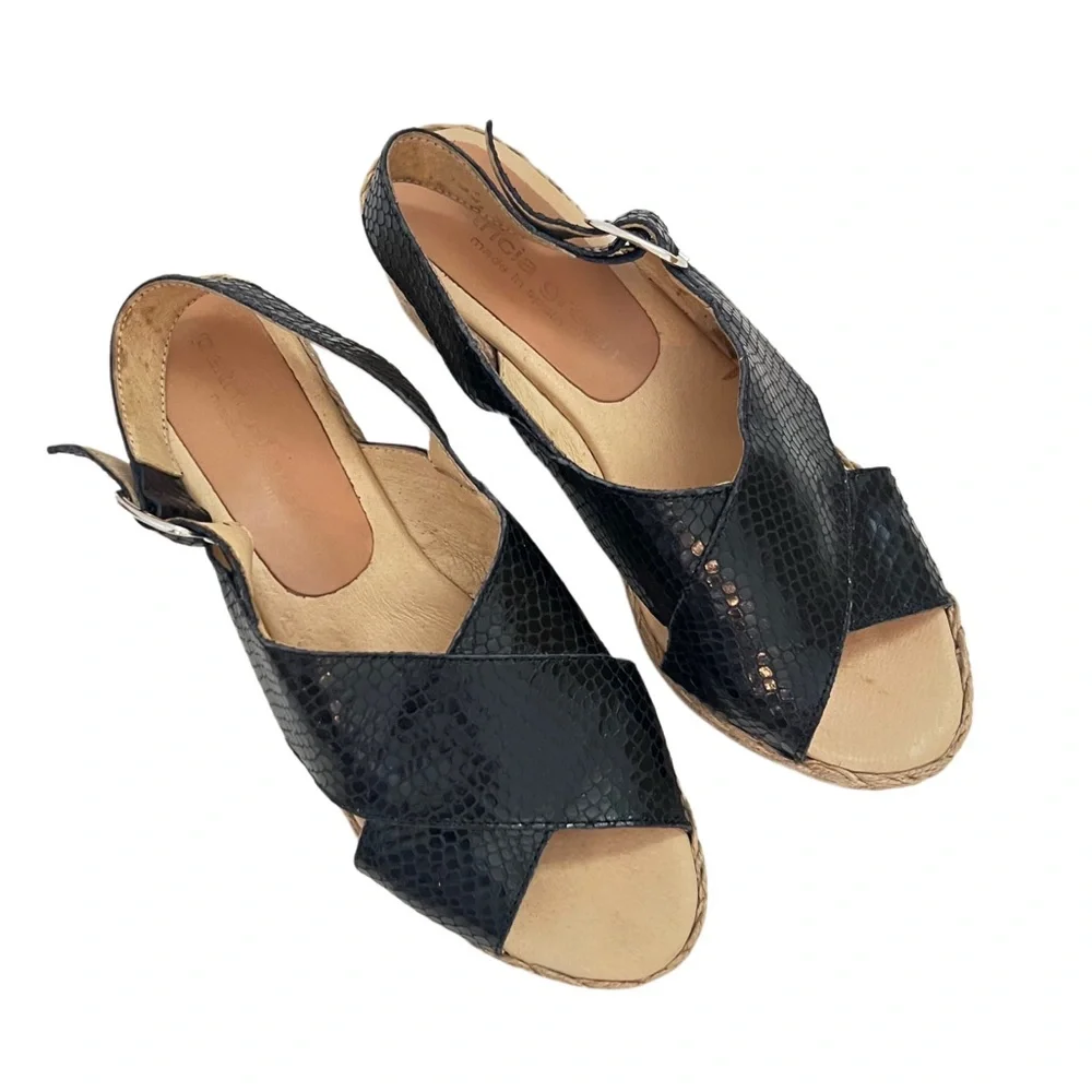 Patricia Green Genuine Leather Black Tan Wedge Espadrilles Sandals 37 7‎